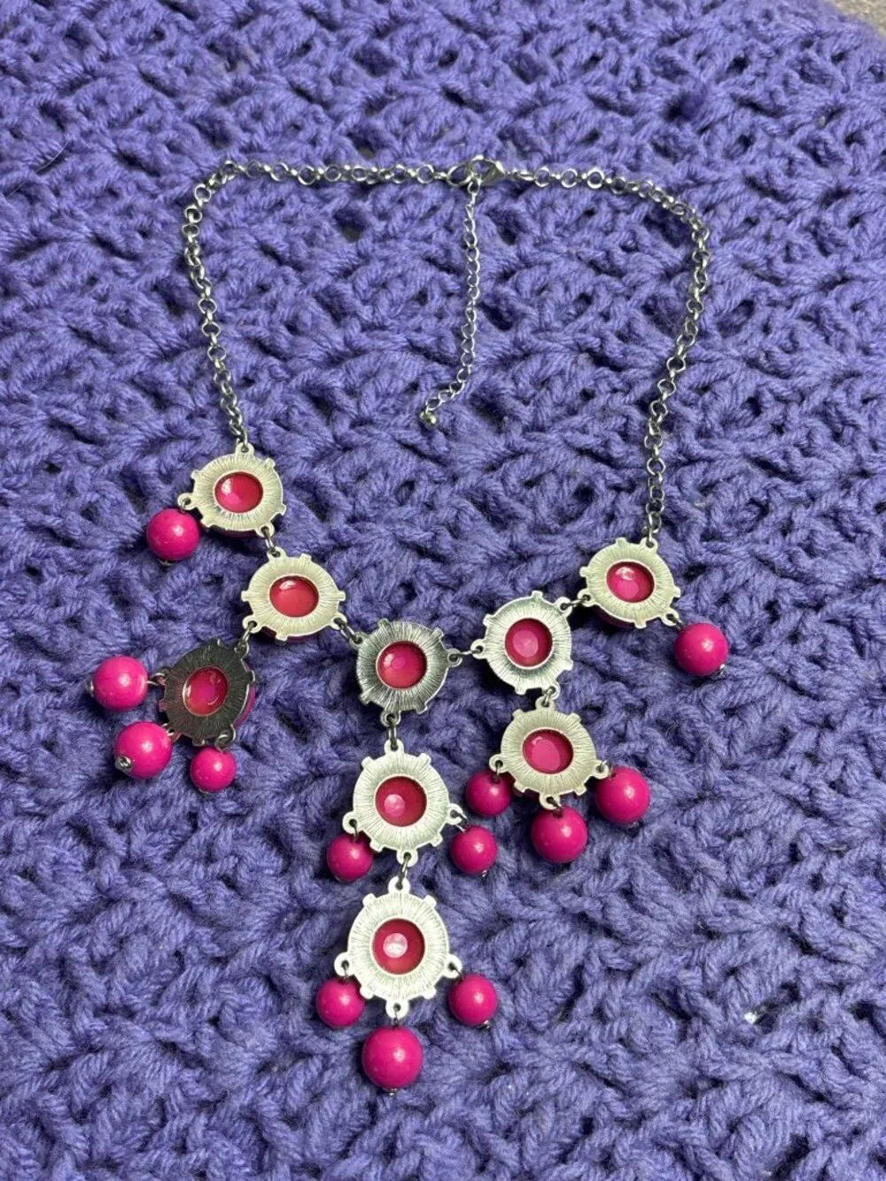 Fuchsia Plastic Cabochons Beaded Bib Necklace Silvertone 17 - 20 inches Long